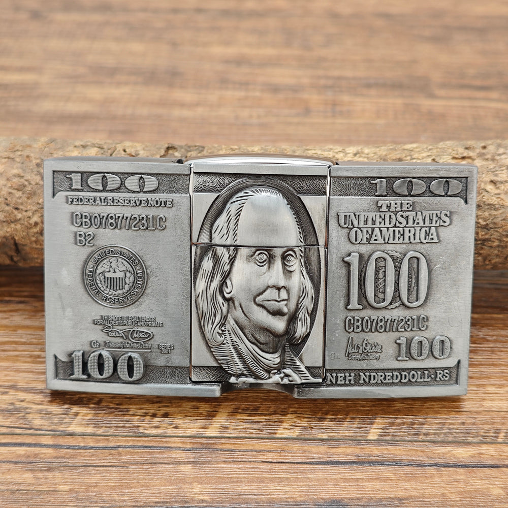 100 Dollar Bill Money Belt Buckle with Lighter