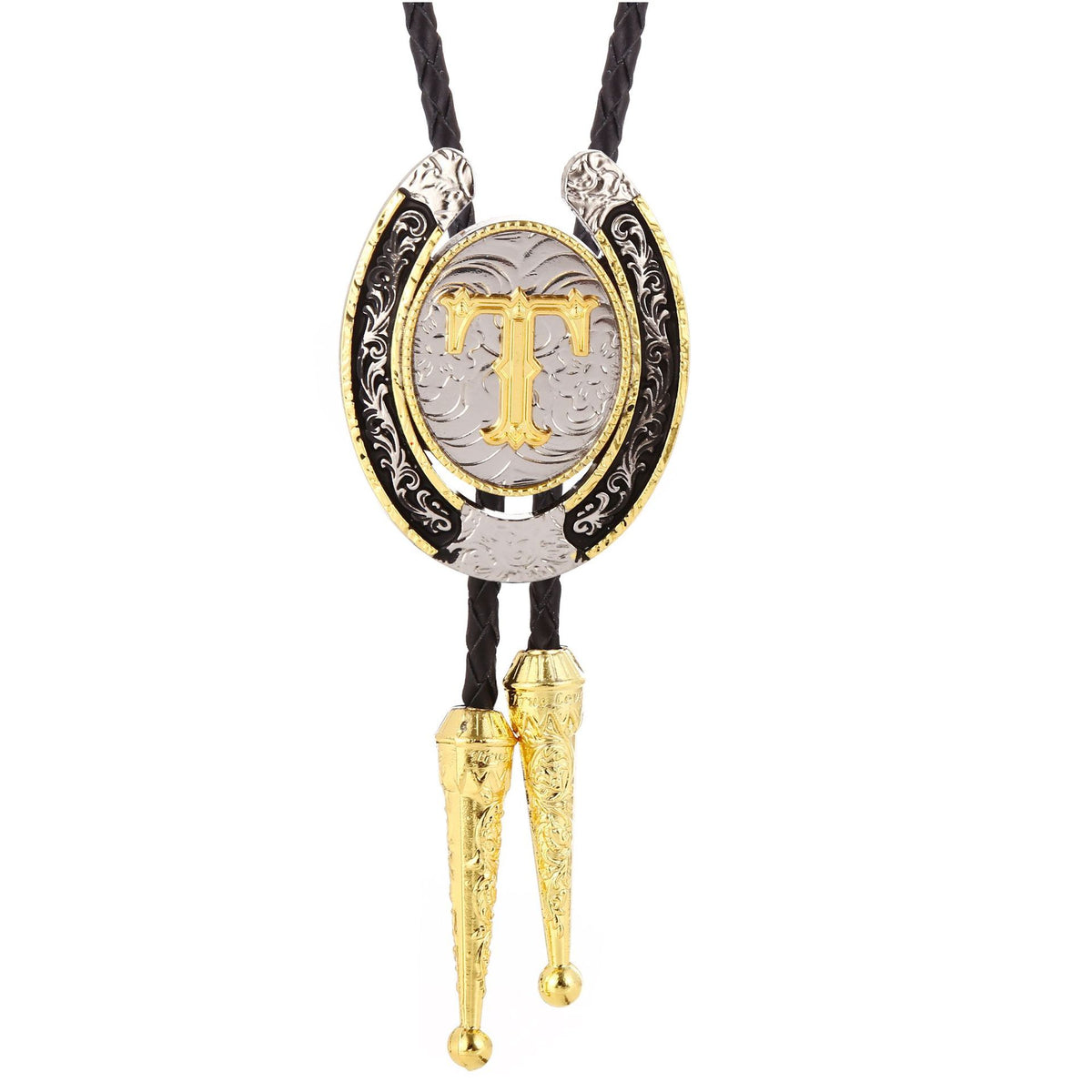 Western Initial Bolo Tie with Two Tone Horseshoe A to Z
