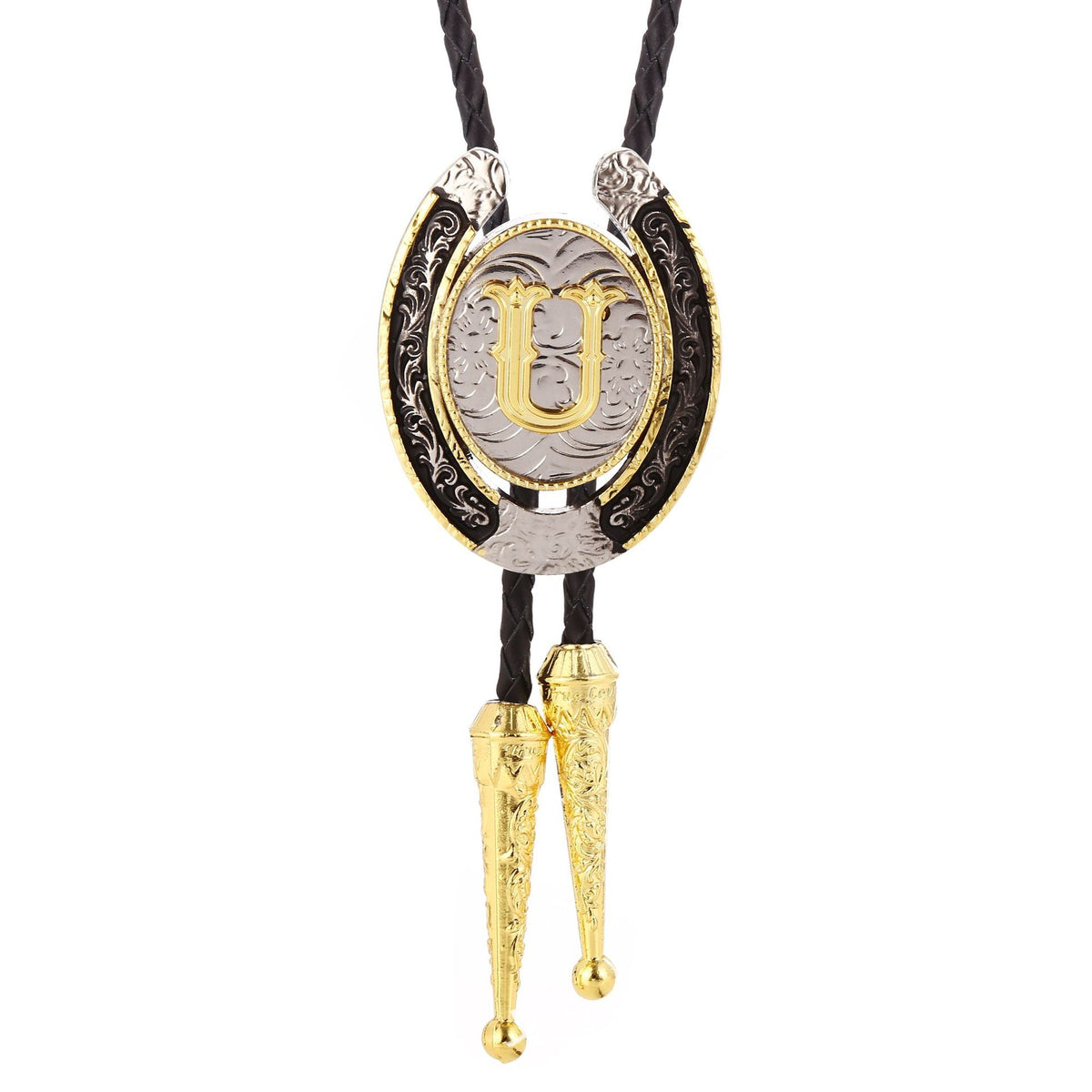 Western Initial Bolo Tie with Two Tone Horseshoe A to Z