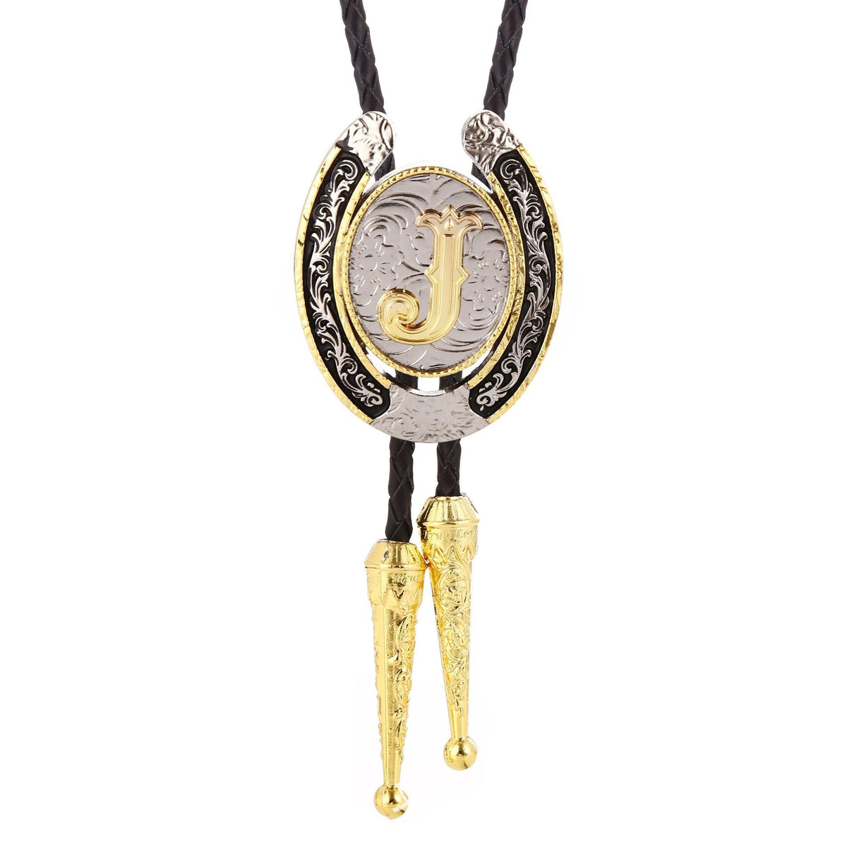 Western Initial Bolo Tie with Two Tone Horseshoe A to Z