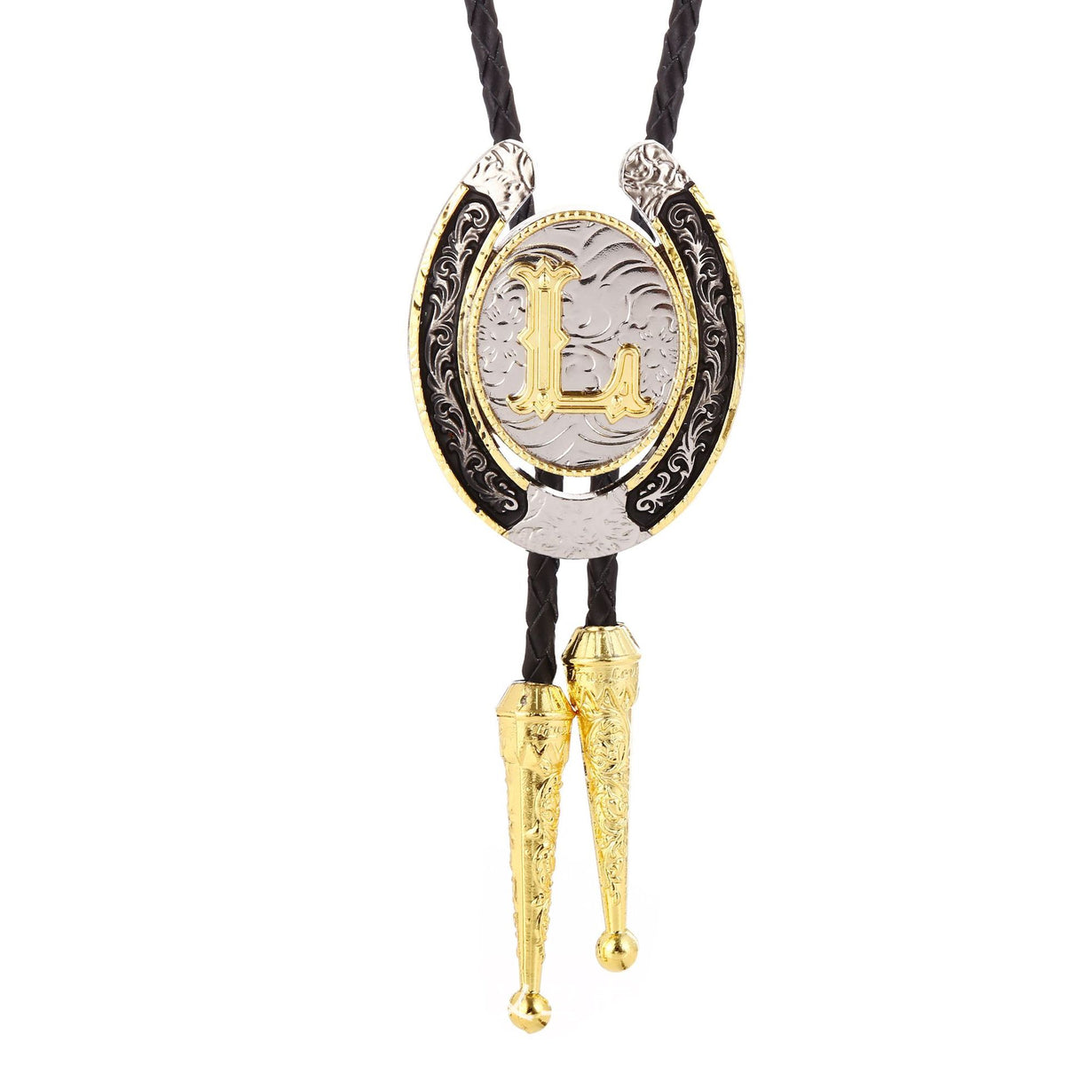 Western Initial Bolo Tie with Two Tone Horseshoe A to Z