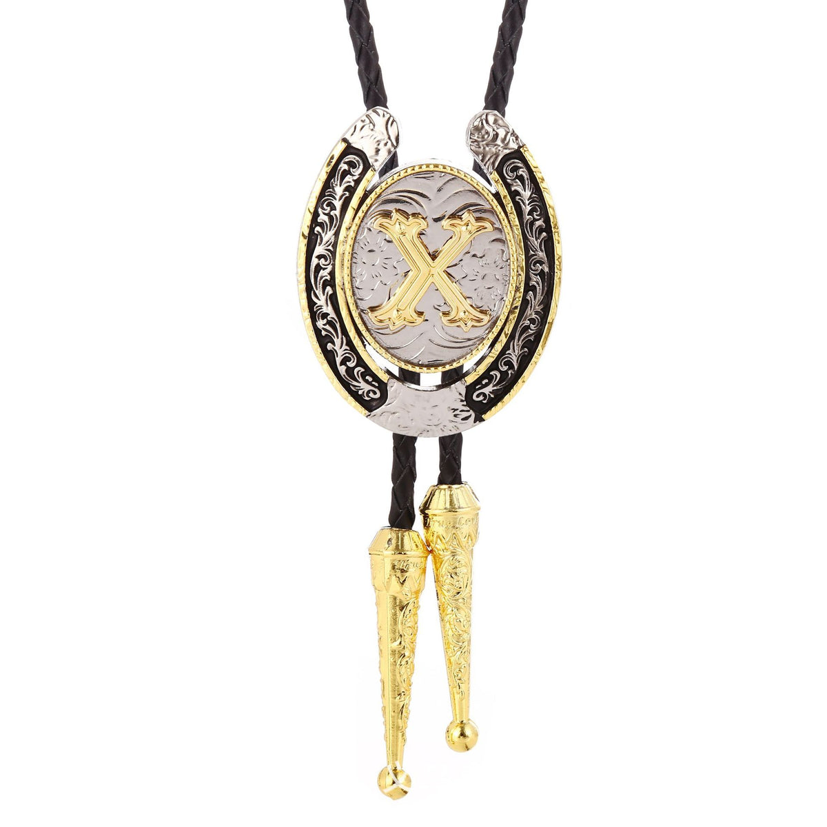 Western Initial Bolo Tie with Two Tone Horseshoe A to Z