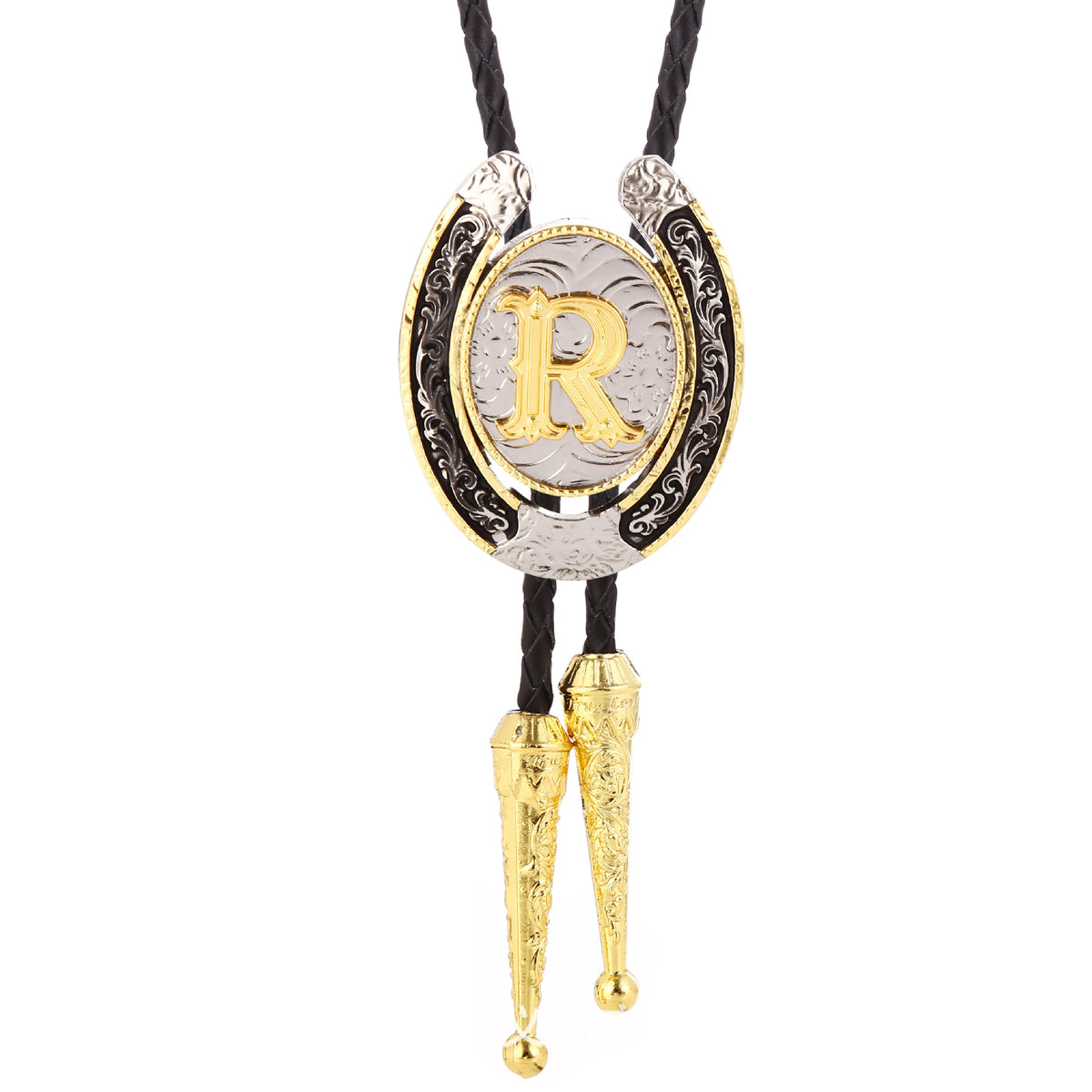 Western Initial Bolo Tie with Two Tone Horseshoe A to Z