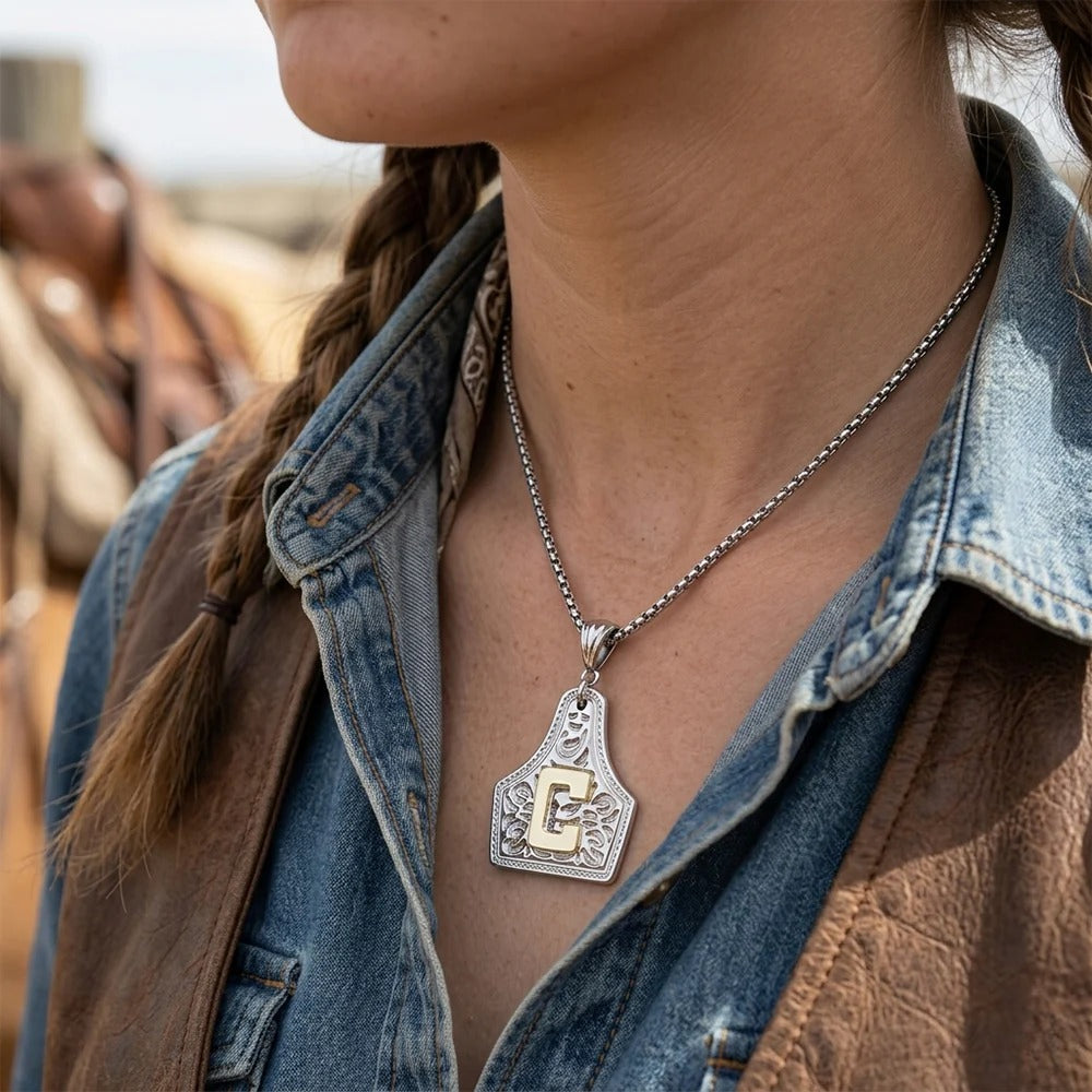 Initial Cow Tag Necklace Gold and Silver