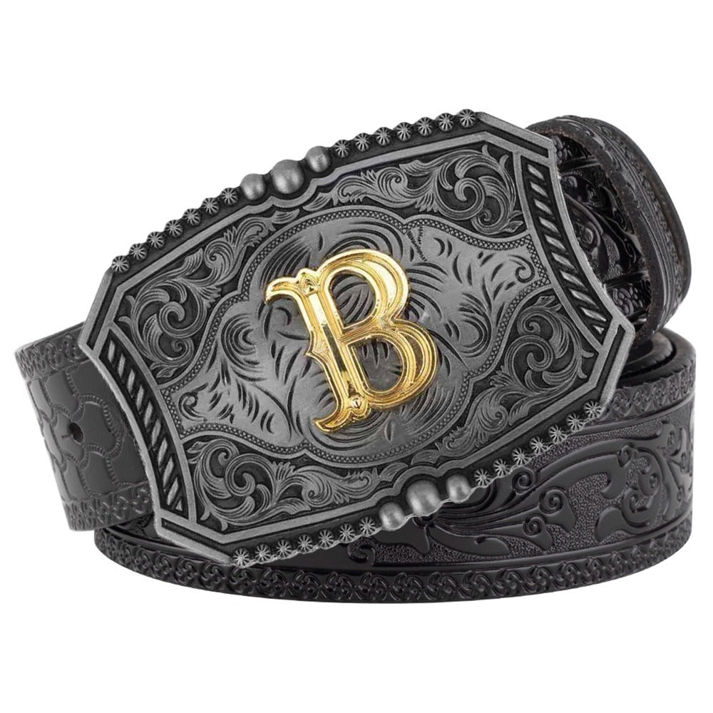 Western Floral Engraved Black Leather Belt with Gold Initial Letters A-Z Buckle