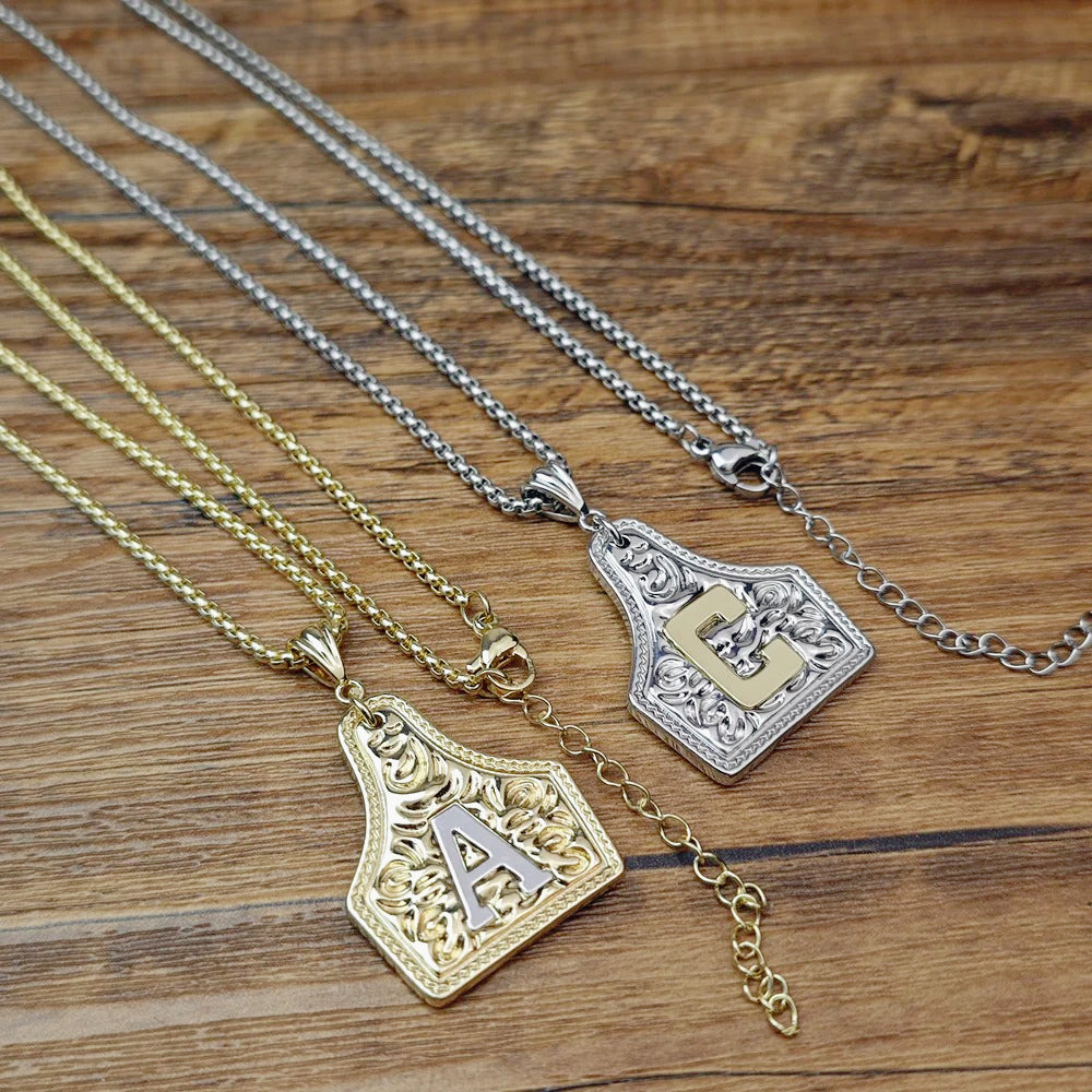 Initial Cow Tag Necklace Gold and Silver