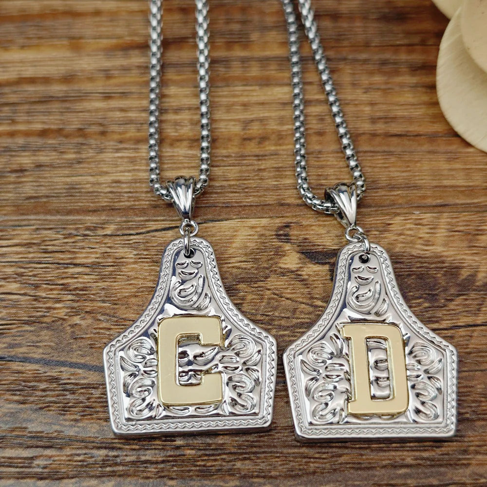Initial Cow Tag Necklace Gold and Silver