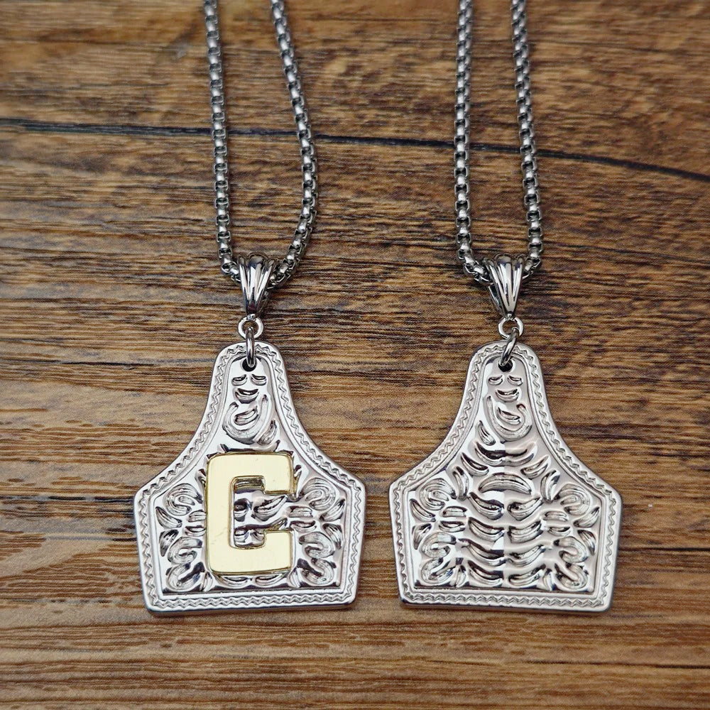 Initial Cow Tag Necklace Gold and Silver