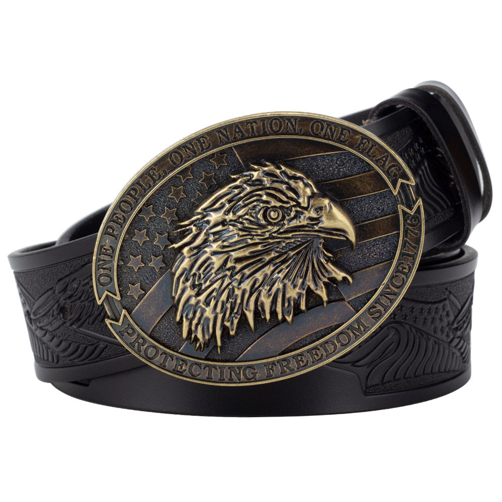 American Eagle Western Leather Belt One Nation Patriotic Buckle