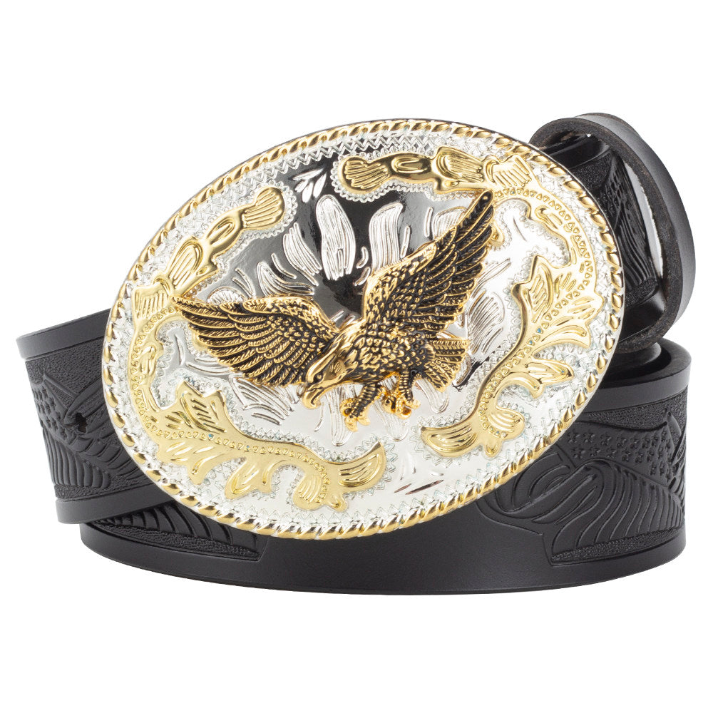 American Eagle Western Leather Belt with Gold Oval Buckle Patriot Cowboy