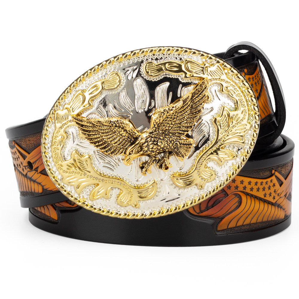 American Eagle Western Leather Belt with Gold Oval Buckle Patriot Cowboy