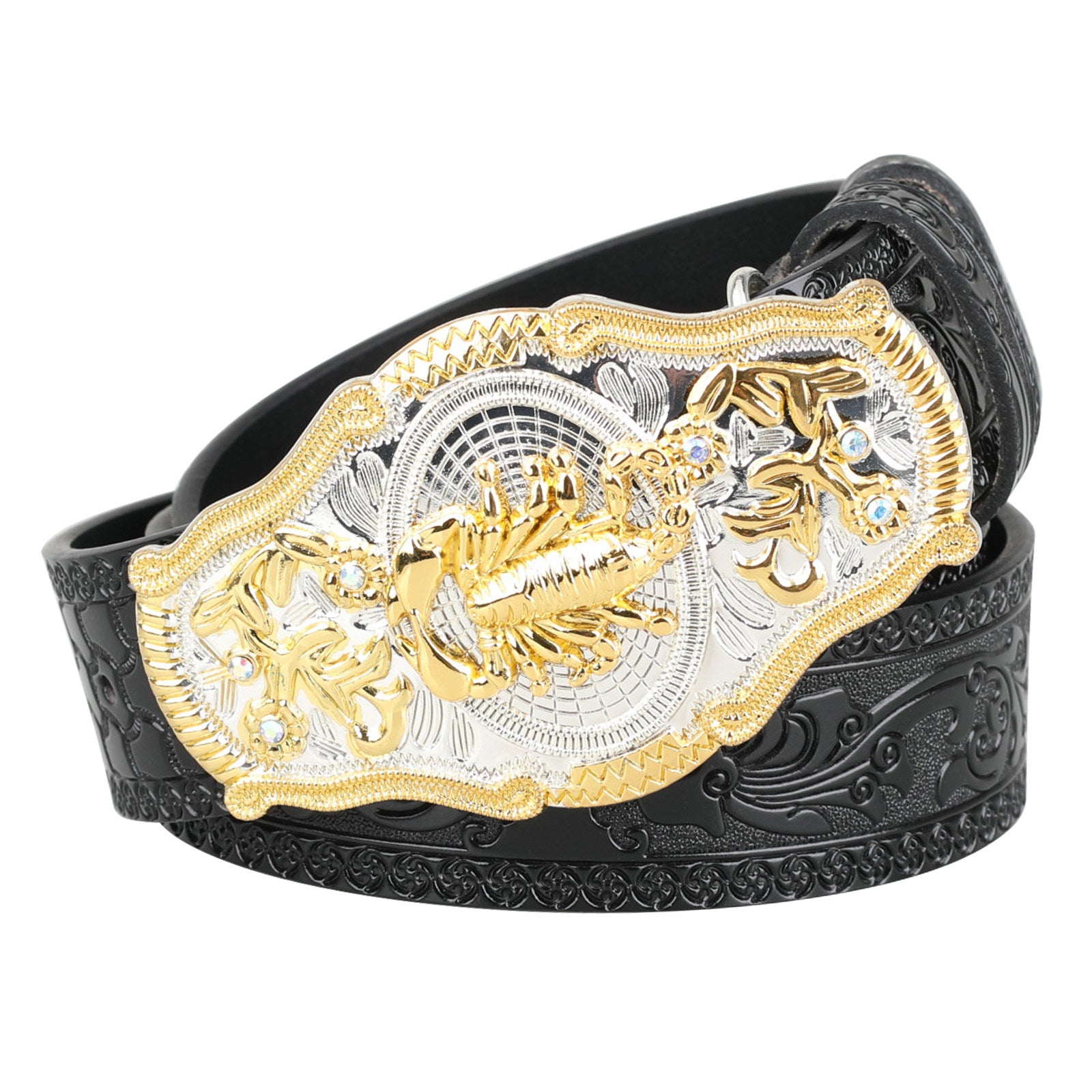 Black Western Leather Belt Gold Silver Rodeo Buckle Cowboy