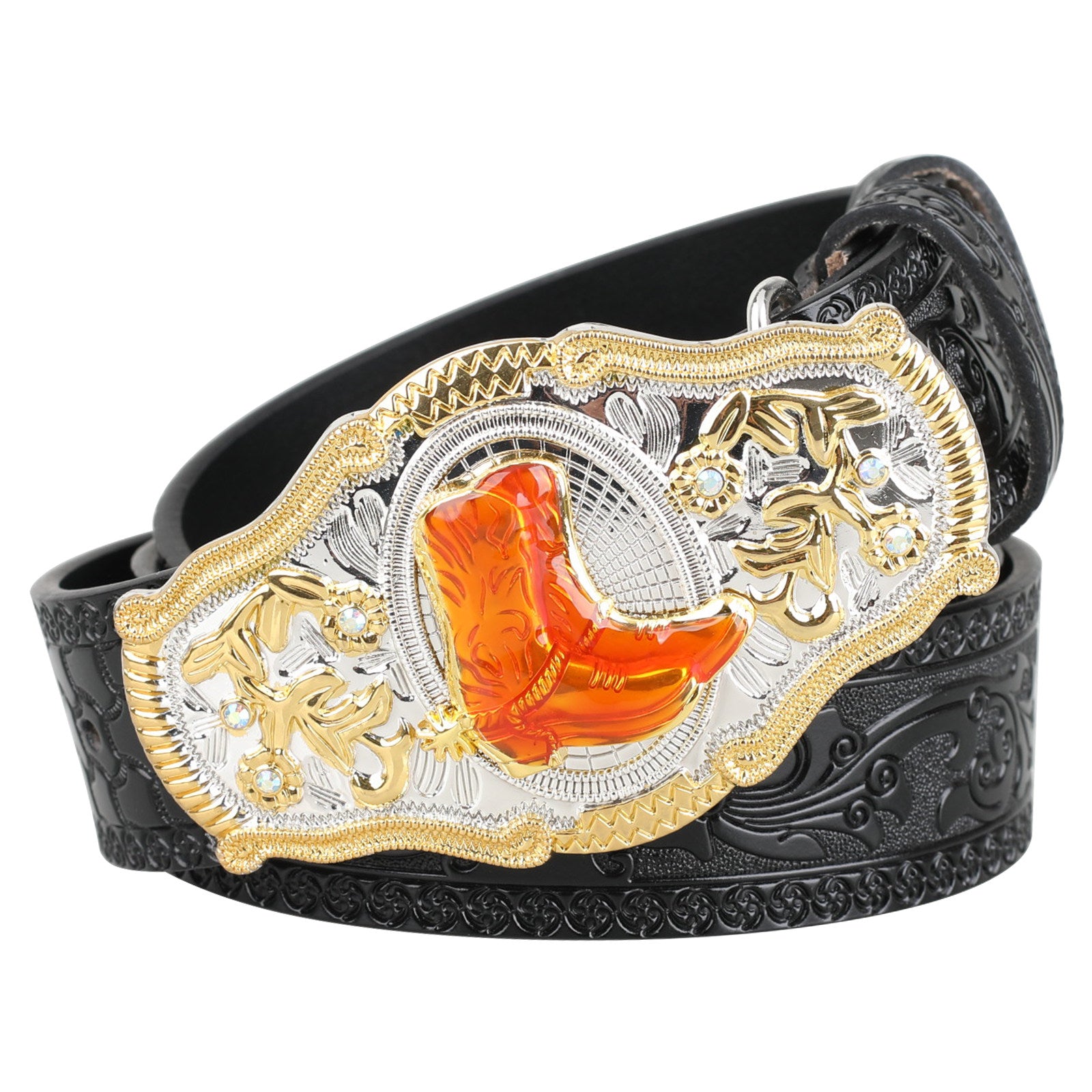Black Western Leather Belt Gold Silver Rodeo Buckle Cowboy