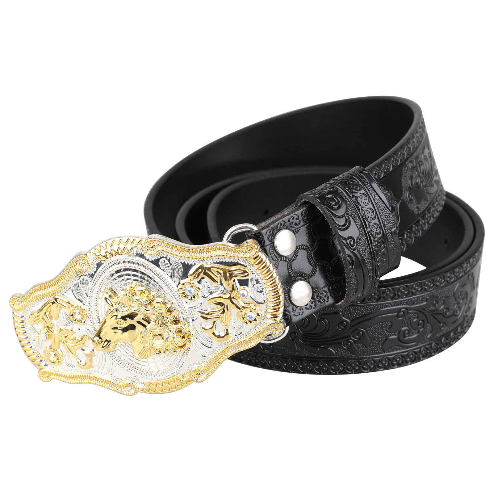 Black Western Leather Belt Gold Silver Rodeo Buckle Cowboy