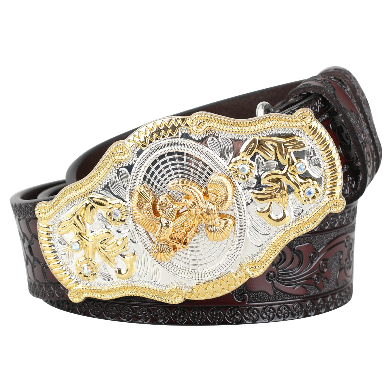 Black Western Leather Belt Gold Silver Rodeo Buckle Cowboy