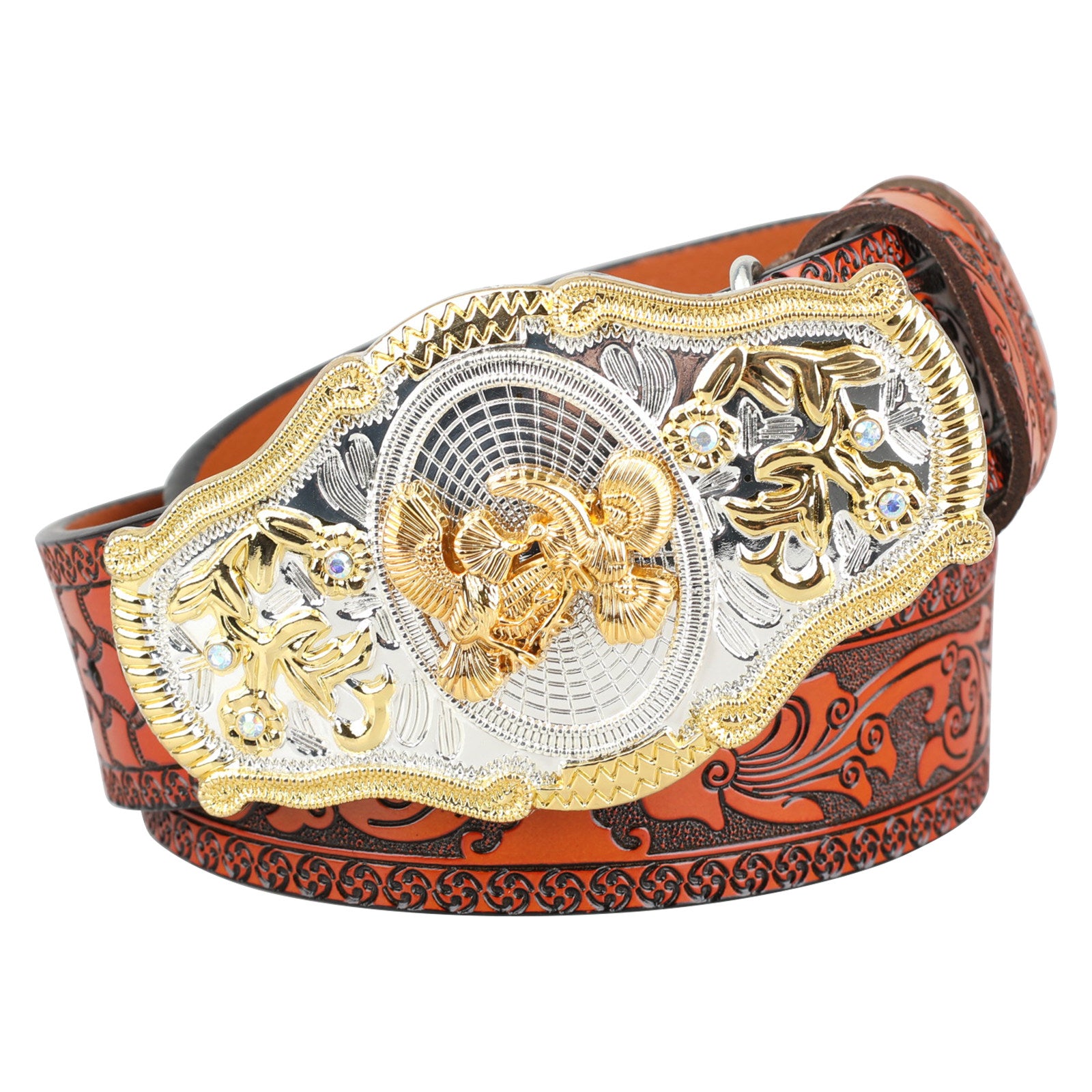 Black Western Leather Belt Gold Silver Rodeo Buckle Cowboy