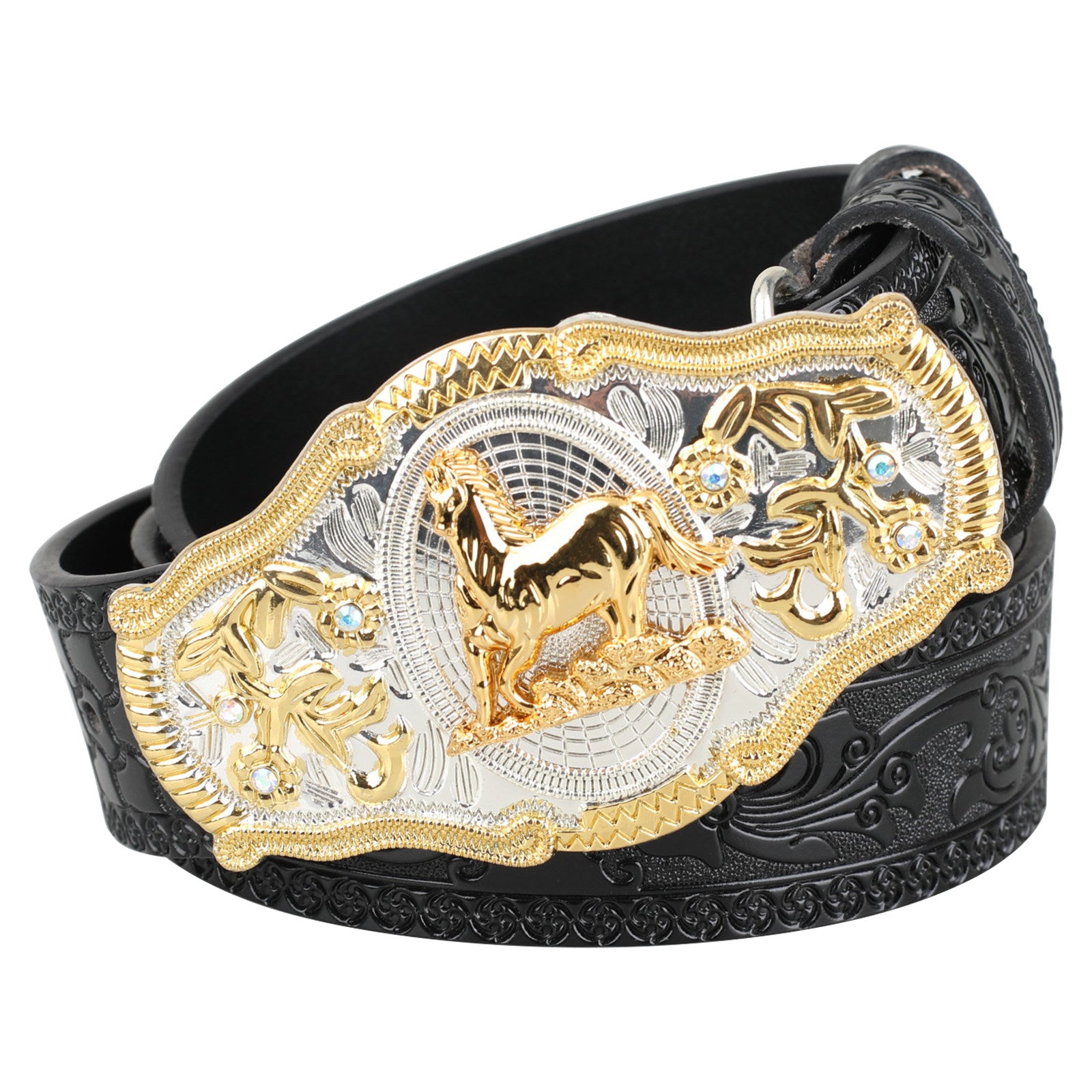 Black Western Leather Belt Gold Silver Rodeo Buckle Cowboy