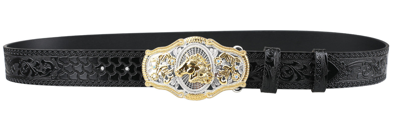 Black Western Leather Belt Gold Silver Rodeo Buckle Cowboy
