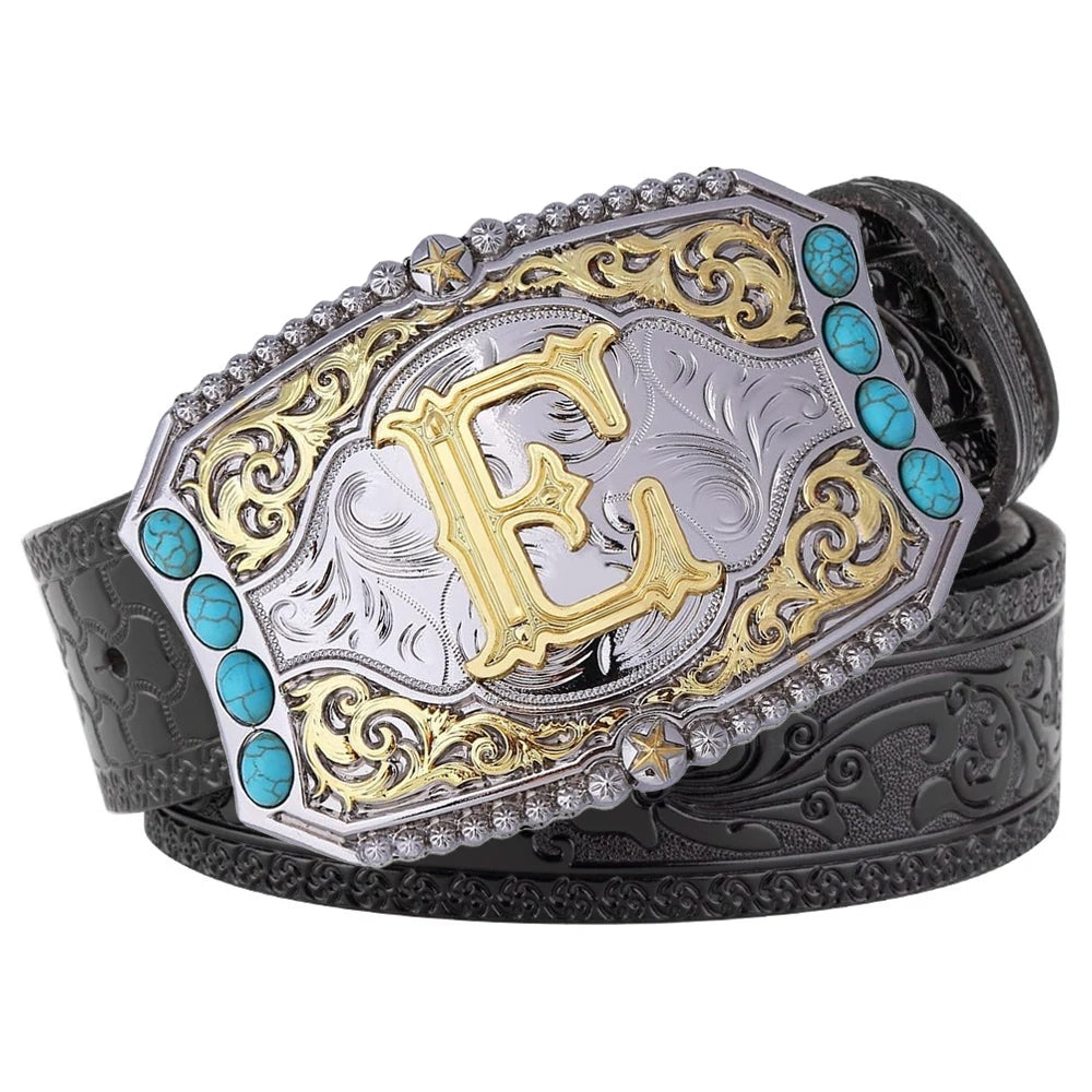Western Cowboy Belt Turquoise Stones A-Z Initial Buckle