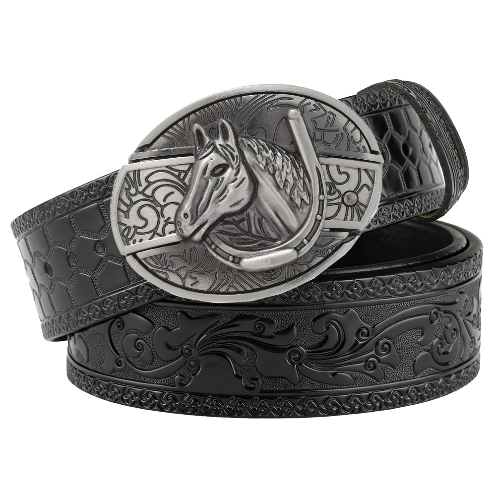 Embossed Black Leather Western Belt