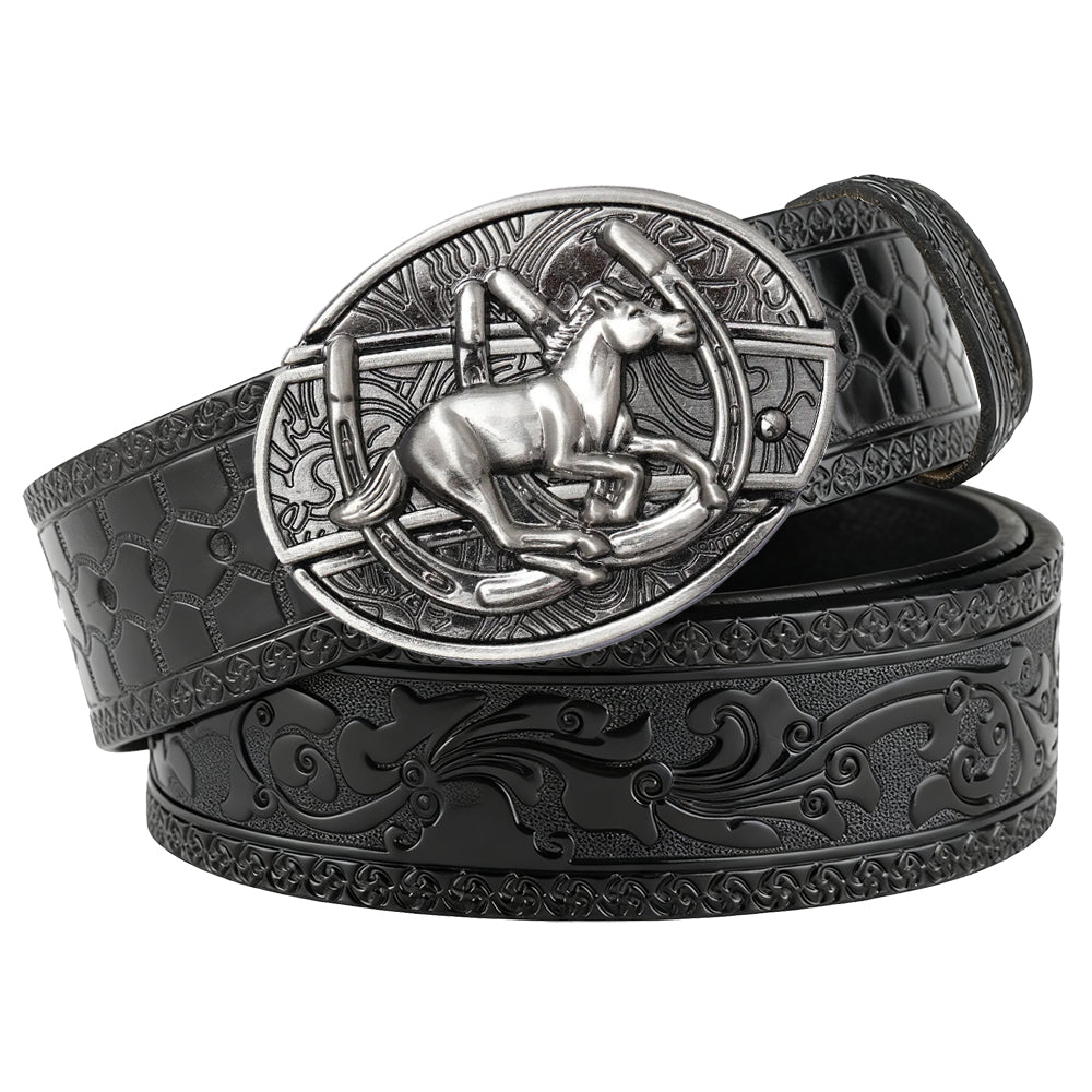 Embossed Black Leather Western Belt