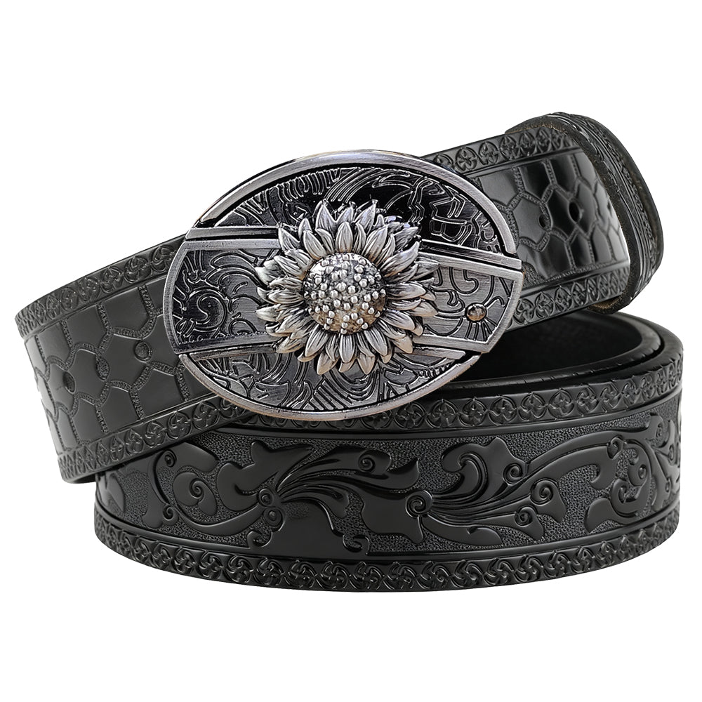 Embossed Black Leather Western Belt