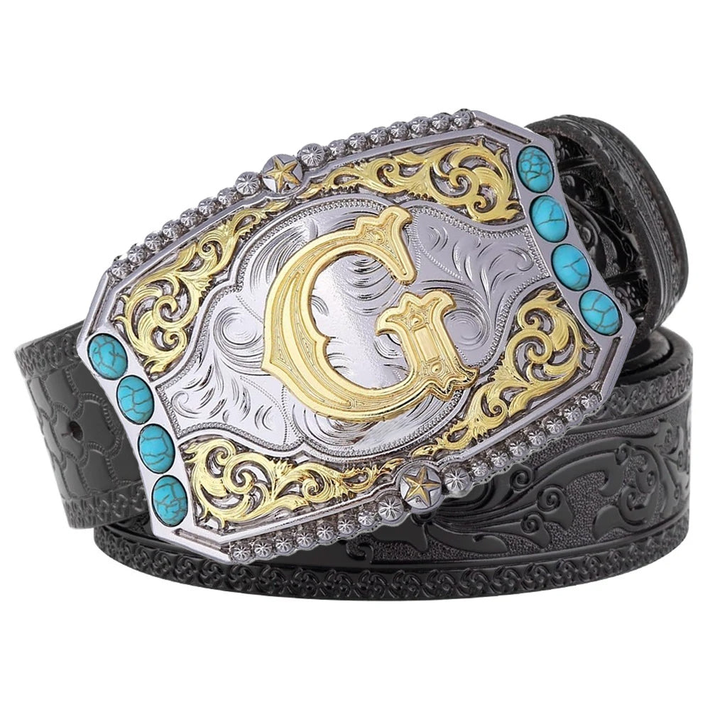 Western Cowboy Belt Turquoise Stones A-Z Initial Buckle