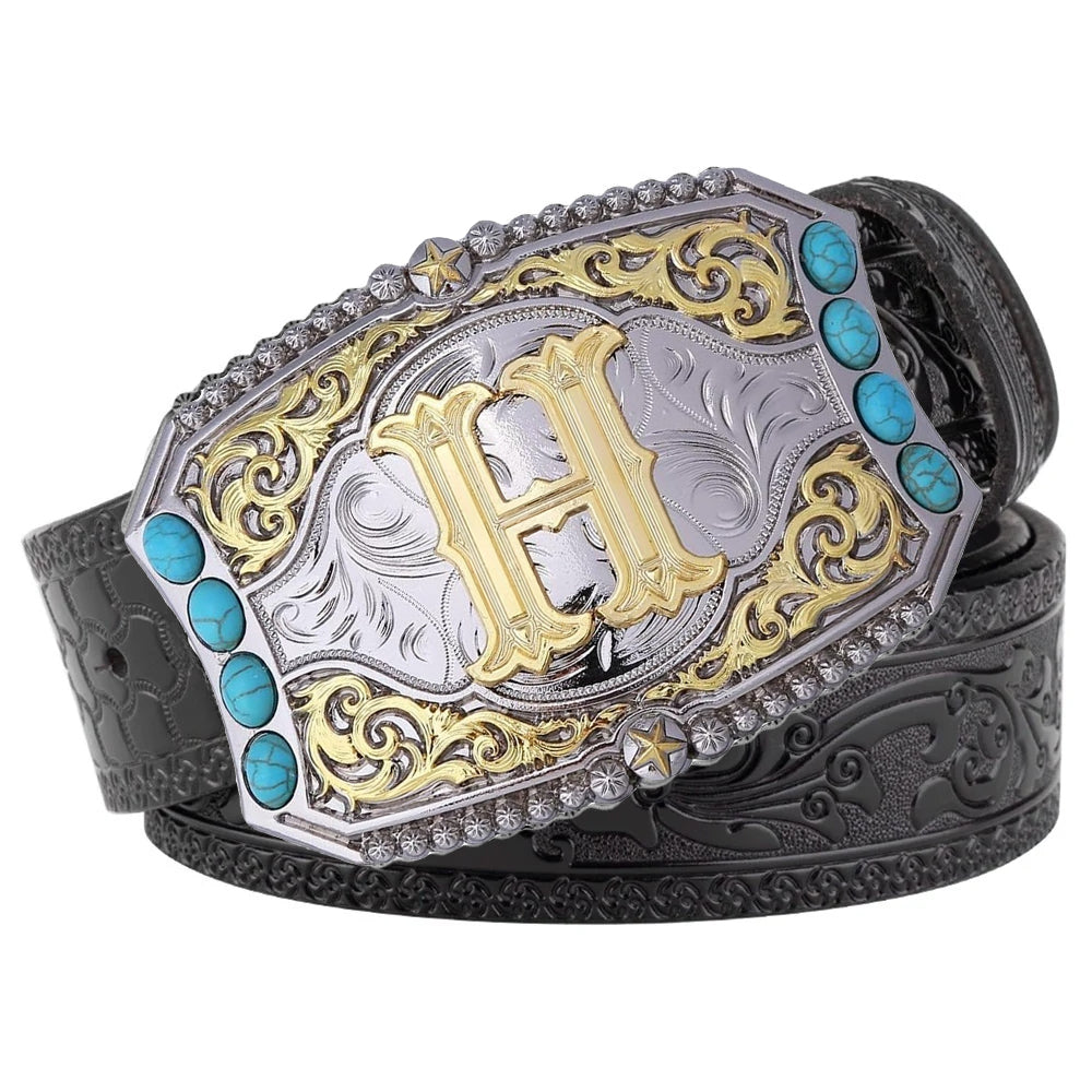 Western Cowboy Belt Turquoise Stones A-Z Initial Buckle