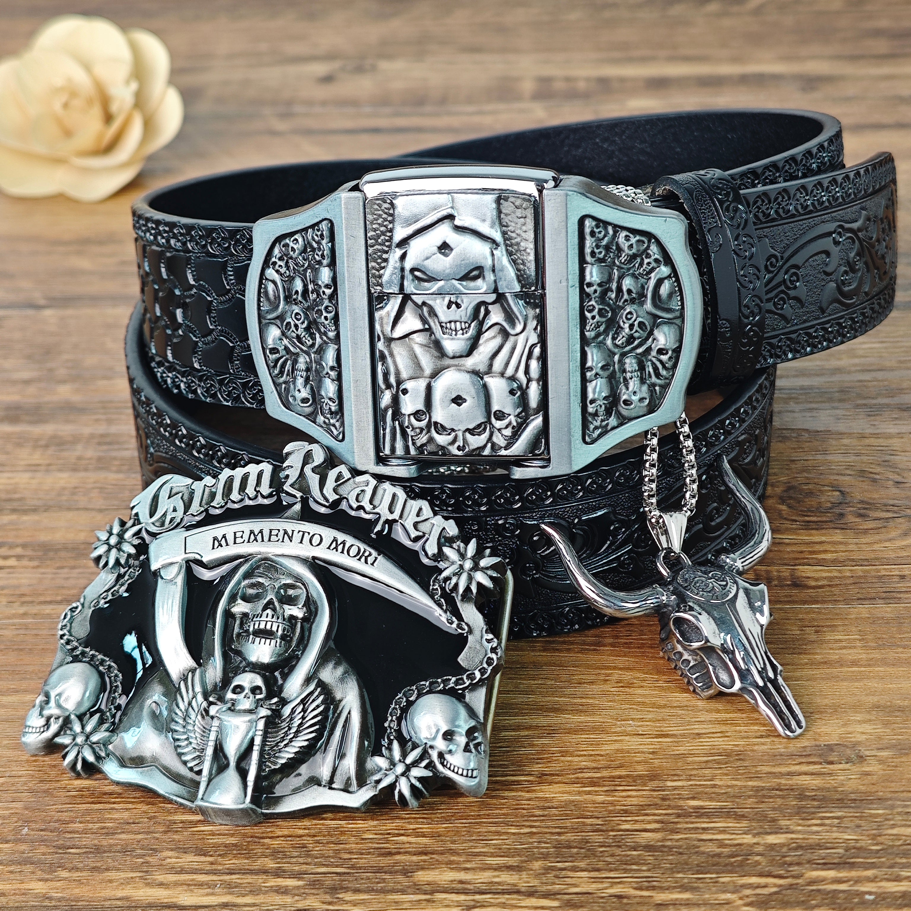 Grim Reaper Belt Set with Lighter Buckle and Bull Skull Necklace