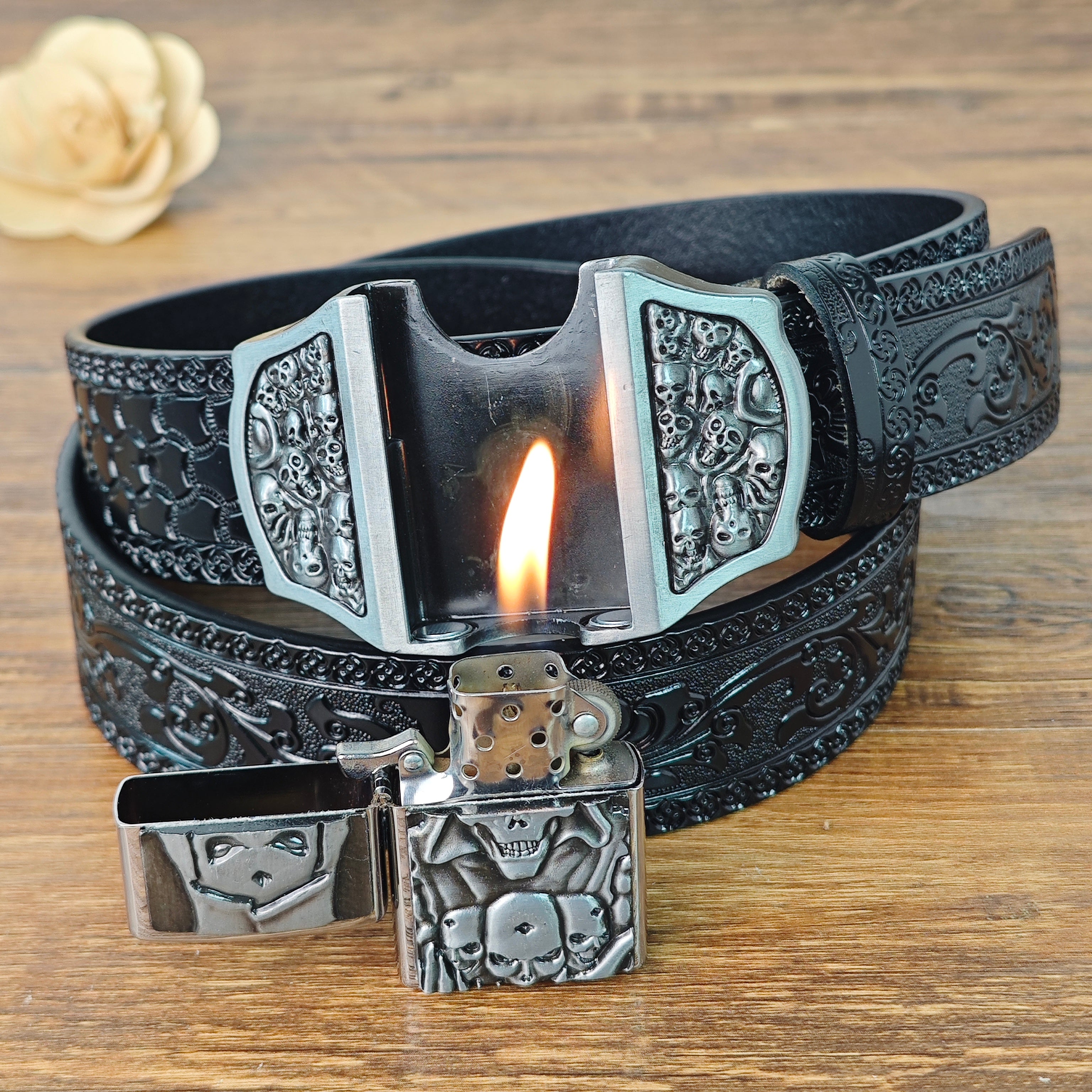 Grim Reaper Belt Set with Lighter Buckle and Bull Skull Necklace