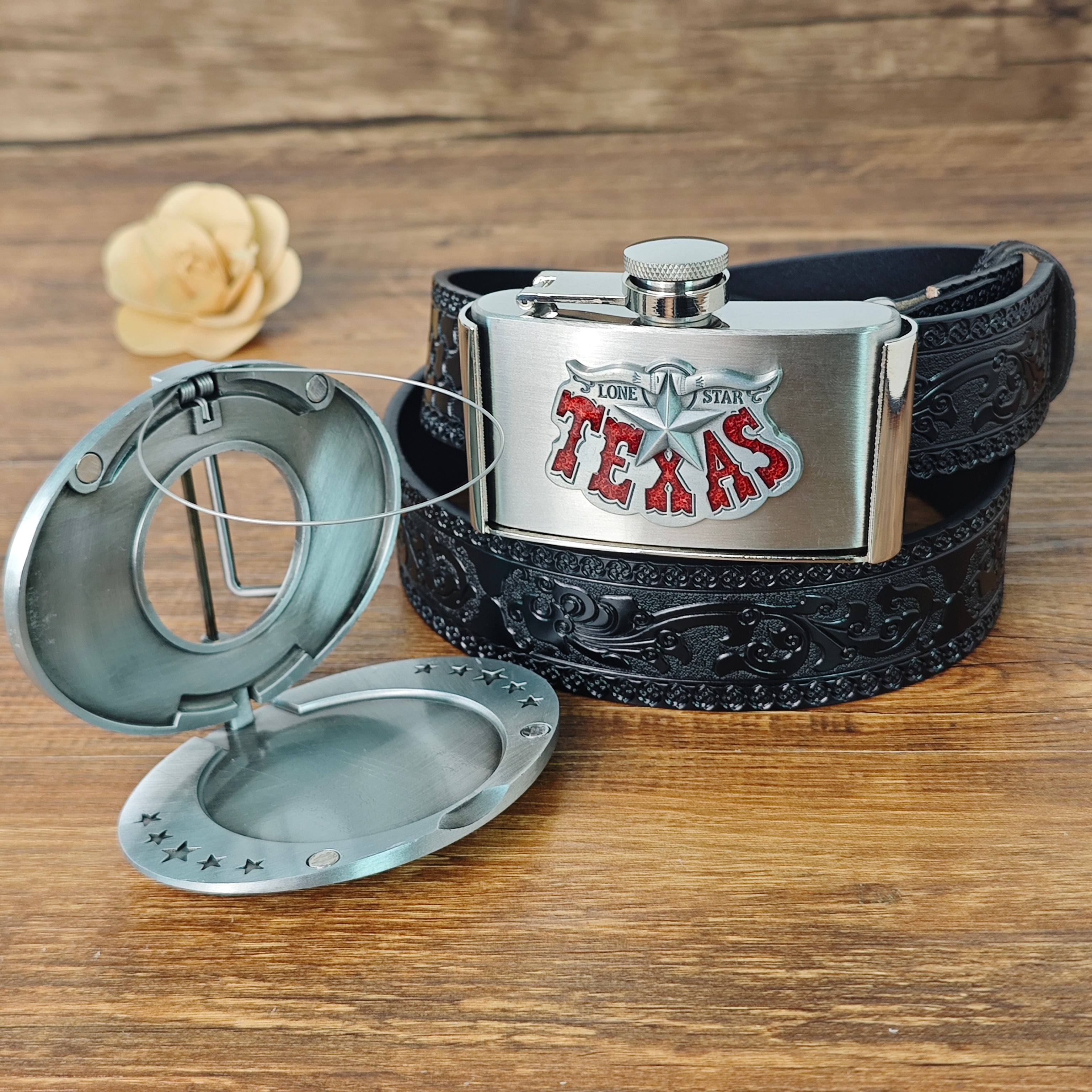 Texas Belt Gift Set with Flask and Beer Can Holder