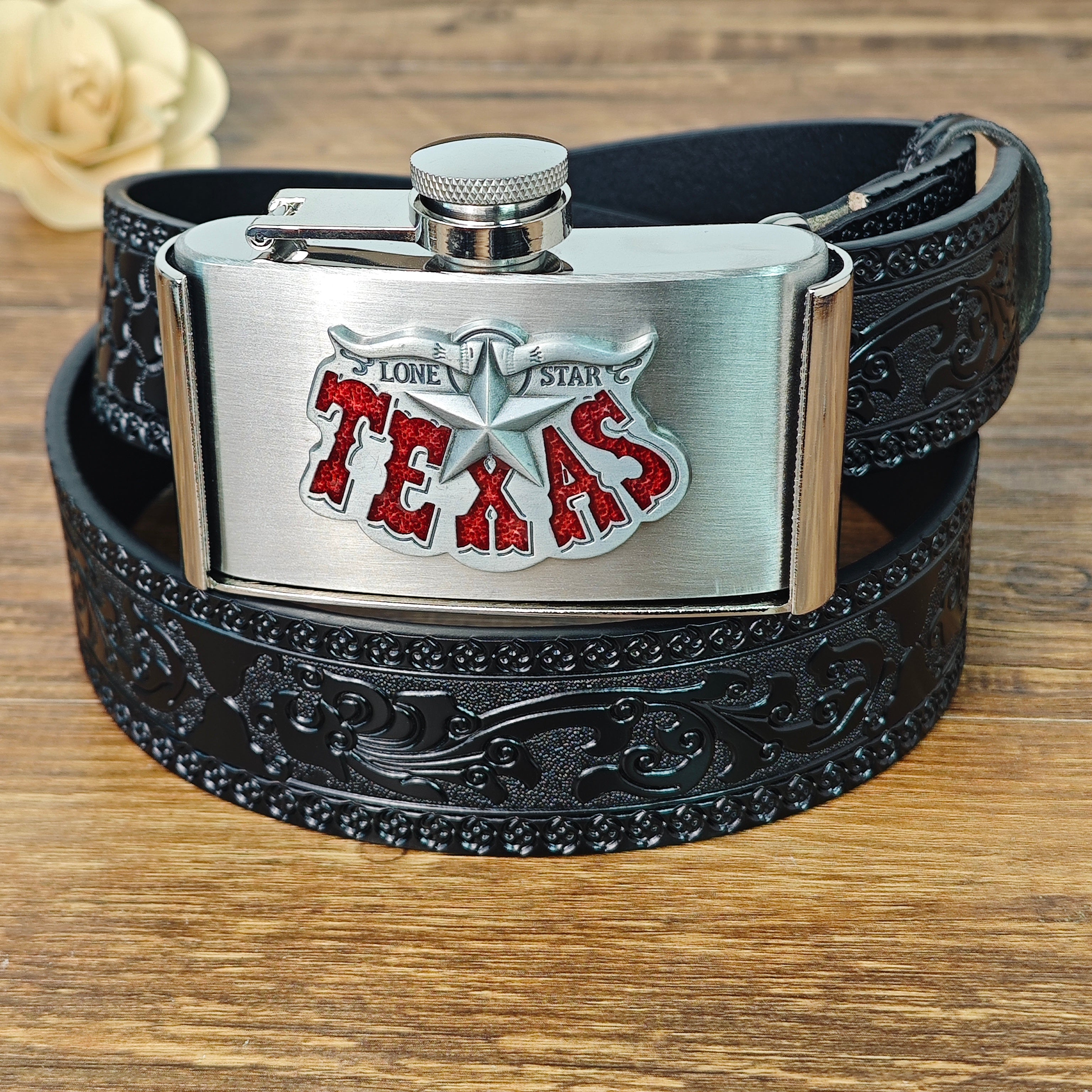 Texas Belt Gift Set with Flask and Beer Can Holder