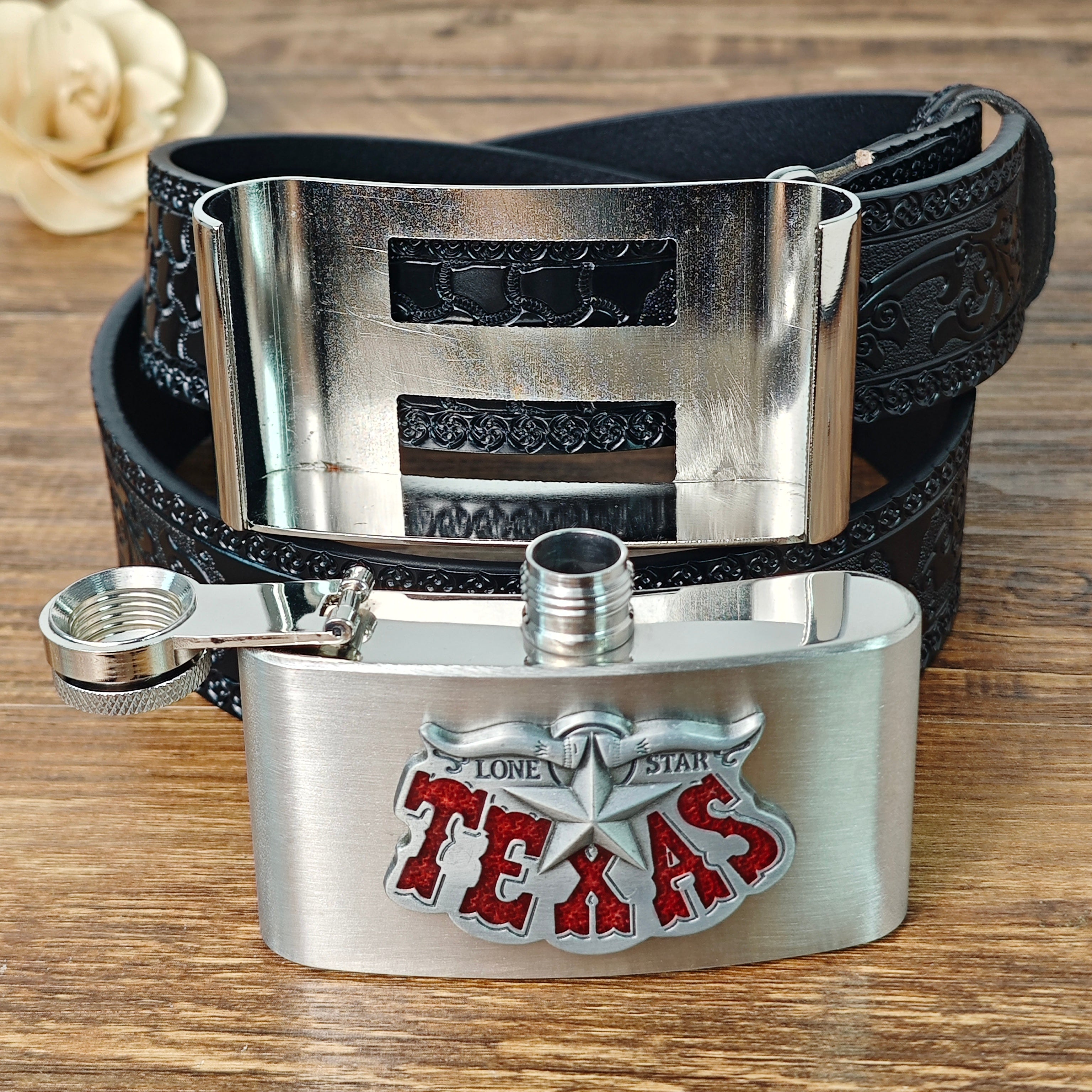 Texas Belt Gift Set with Flask and Beer Can Holder
