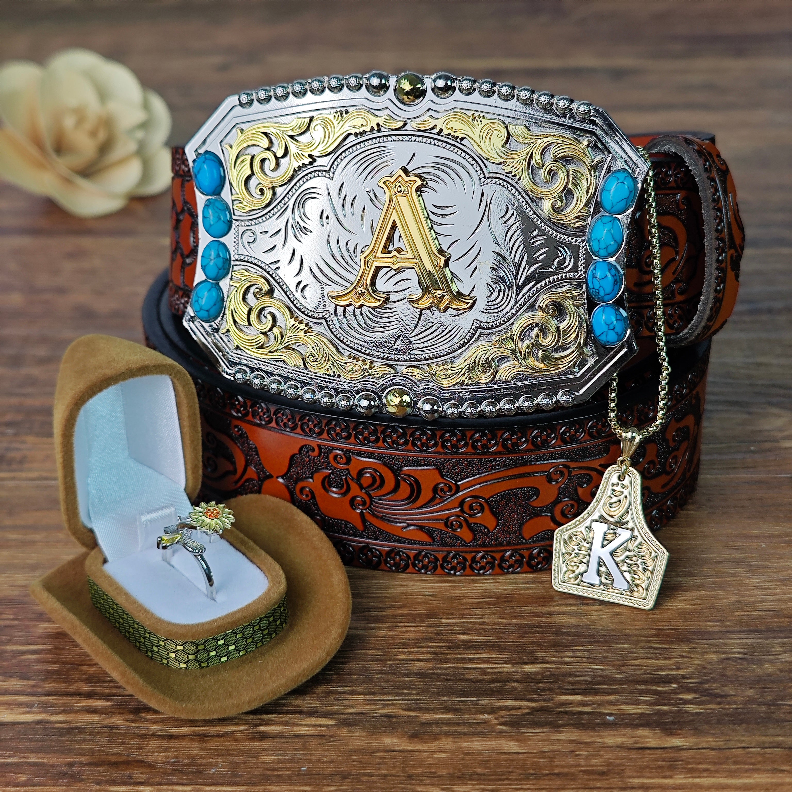Western Initial Belt Necklace Ring Set
