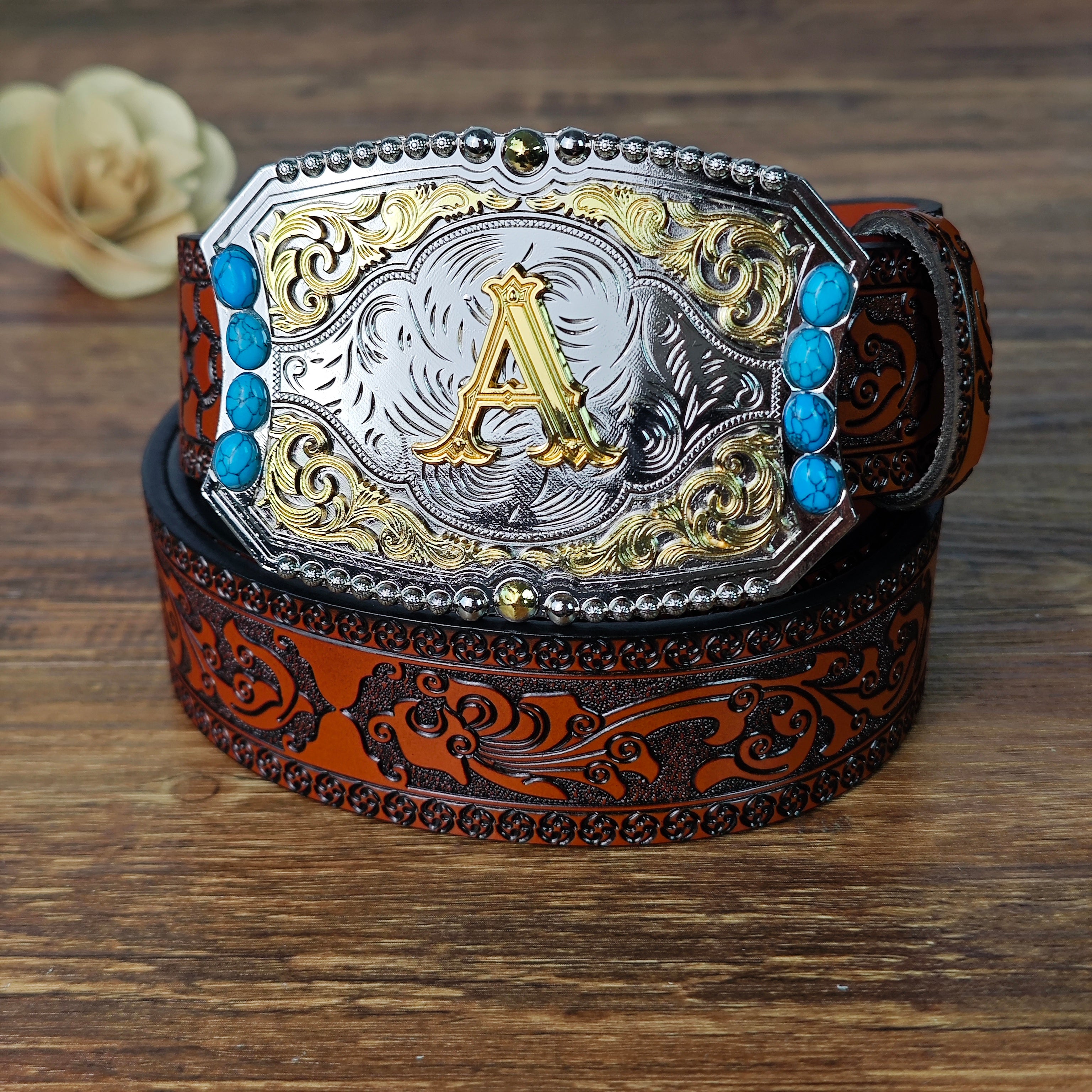 Western Initial Belt Necklace Ring Set