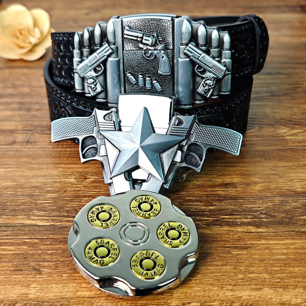 Dual Gun Shaped Lighter Belt Set with Spinning Bullet Buckle