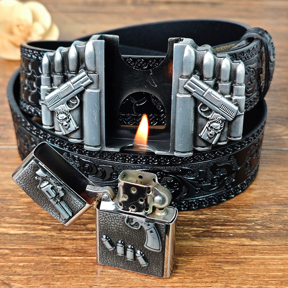 Dual Gun Shaped Lighter Belt Set with Spinning Bullet Buckle