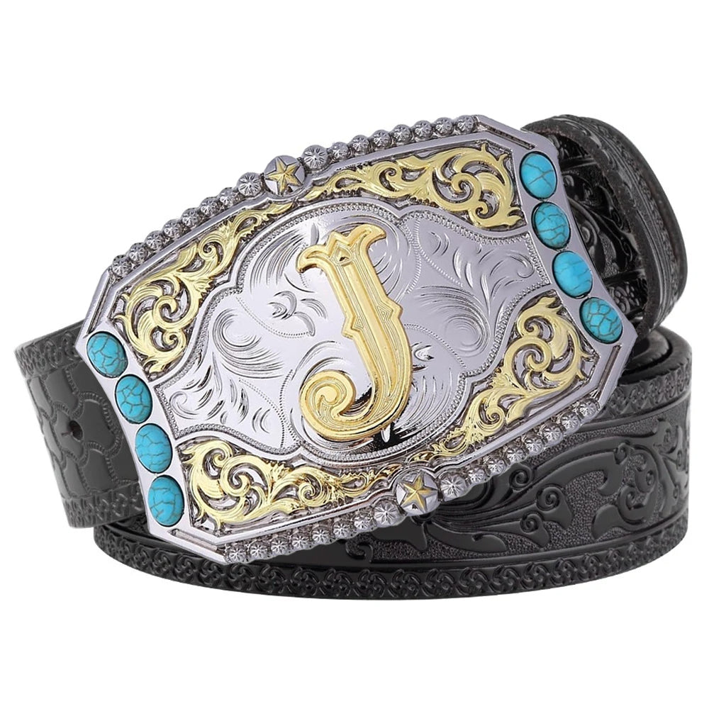 Western Cowboy Belt Turquoise Stones A-Z Initial Buckle