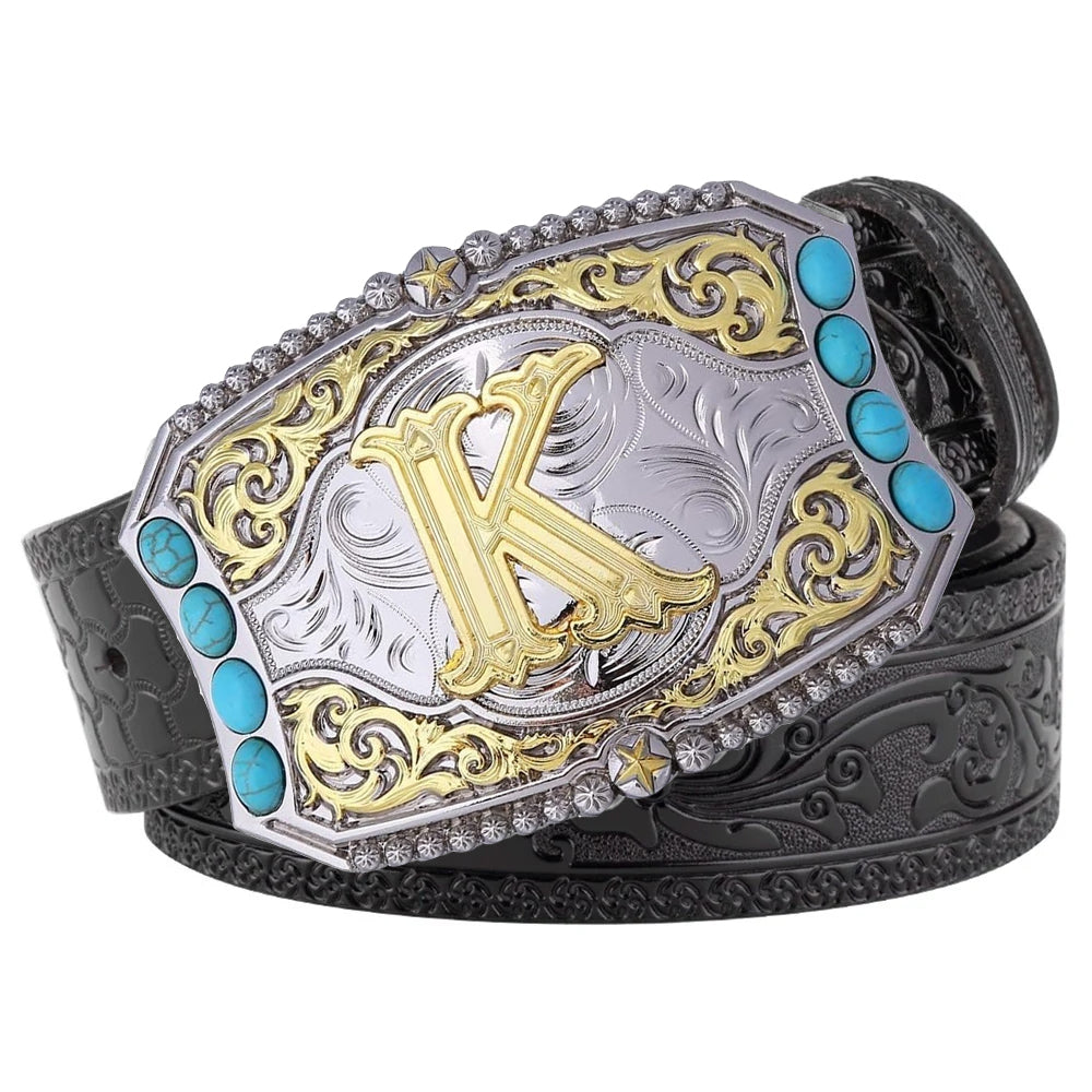Western Cowboy Belt Turquoise Stones A-Z Initial Buckle