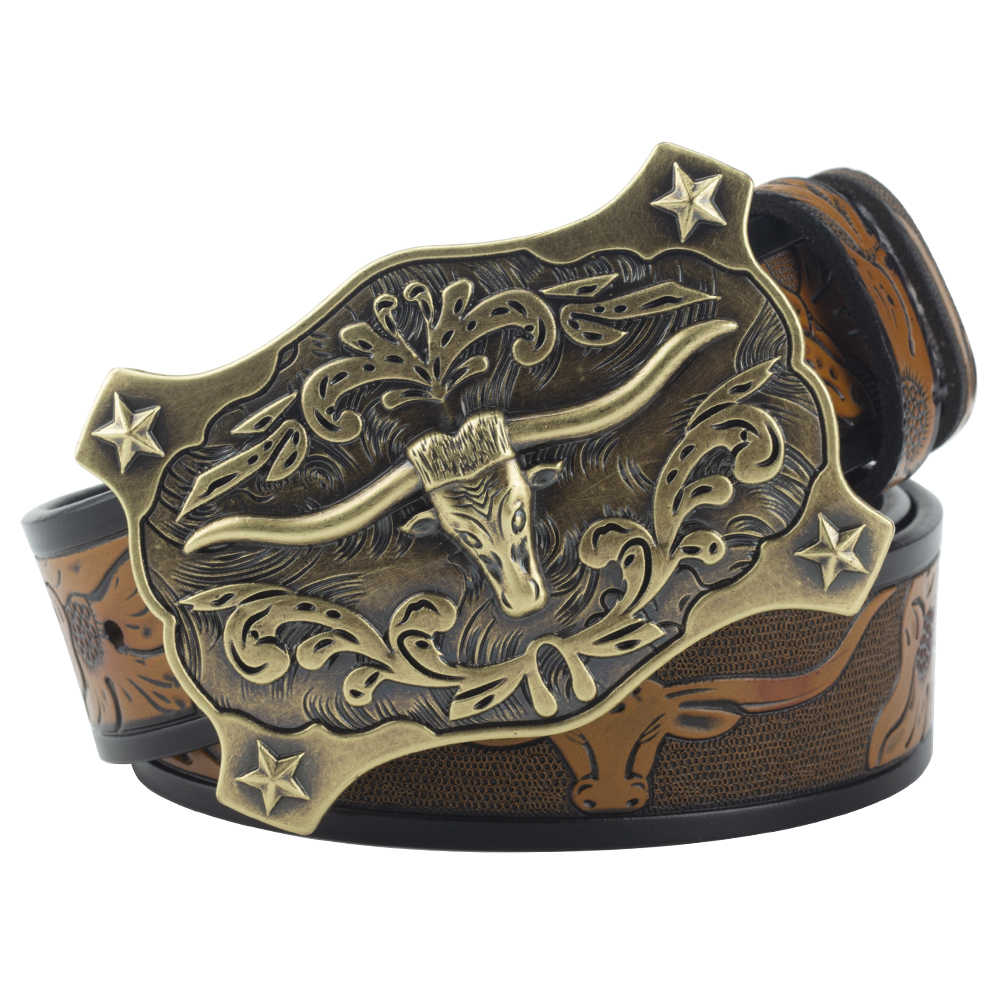 Longhorn Western Leather Belt with Antique Bronze Star Buckle