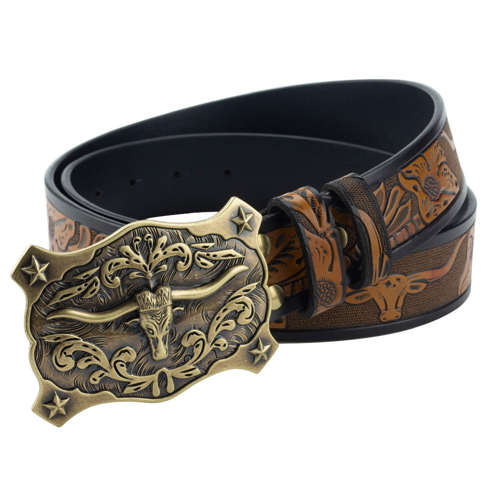 Longhorn Western Leather Belt with Antique Bronze Star Buckle