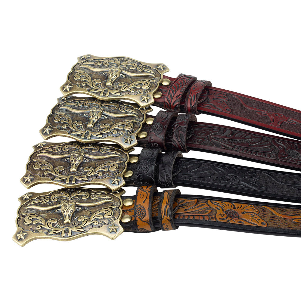 Longhorn Western Leather Belt with Antique Bronze Star Buckle