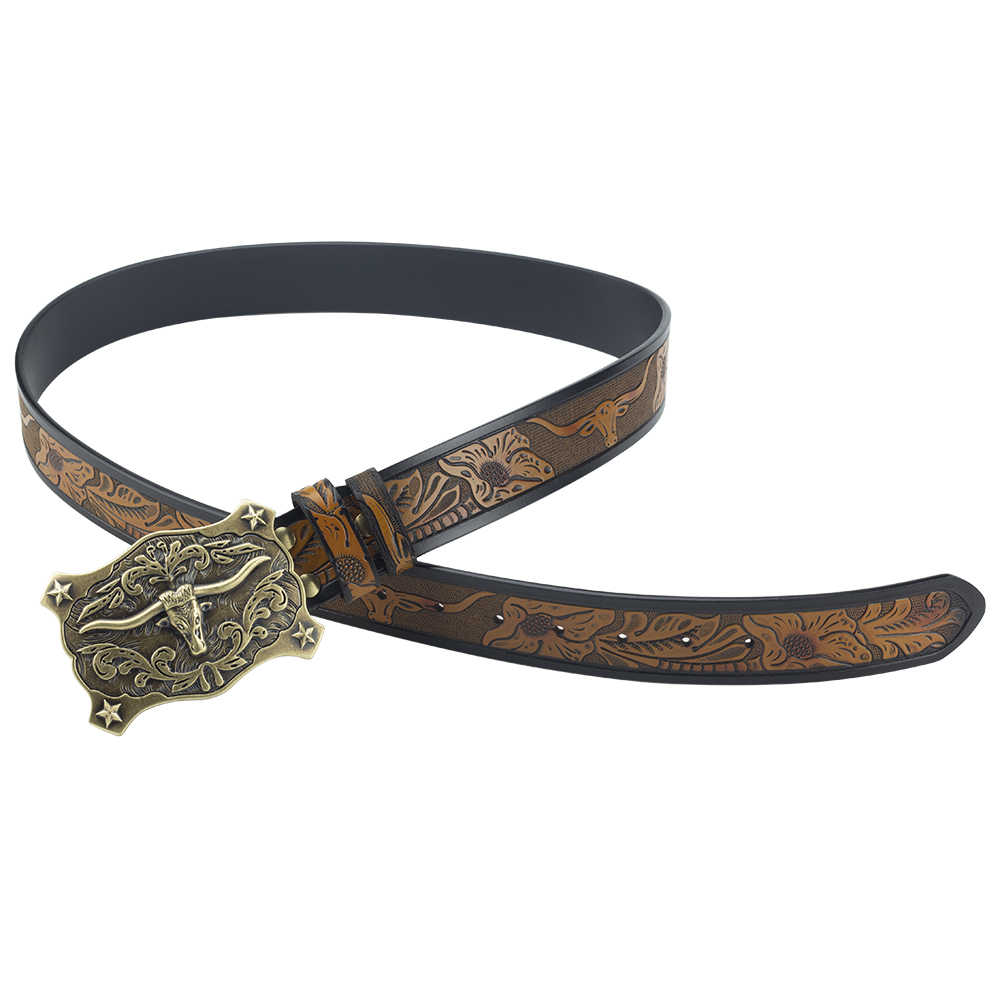 Longhorn Western Leather Belt with Antique Bronze Star Buckle