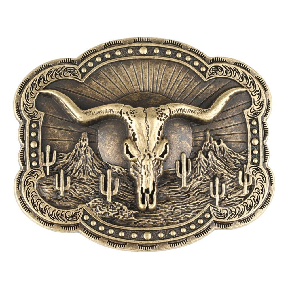 Longhorn Skull Western Belt Buckle with Desert Cactus