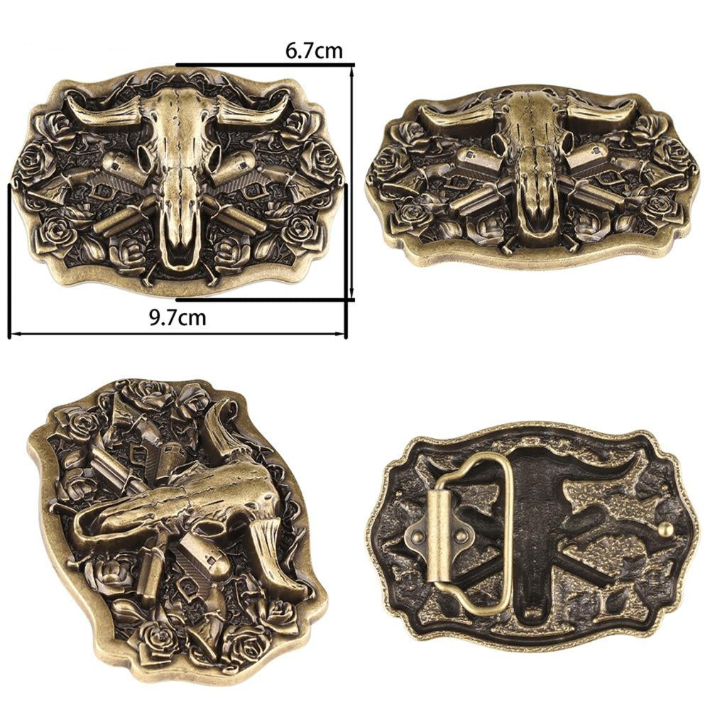 Longhorn Skull Western Belt Buckle with Roses in Antique Brass Tone