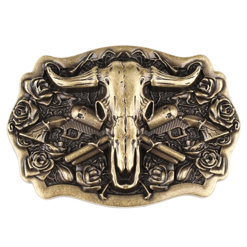 Longhorn Skull Western Belt Buckle with Roses in Antique Brass Tone