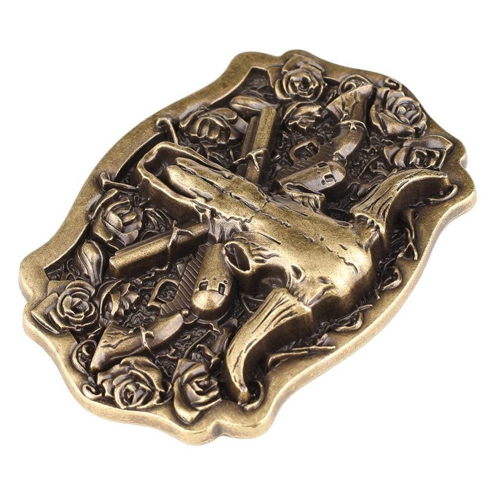 Longhorn Skull Western Belt Buckle with Roses in Antique Brass Tone