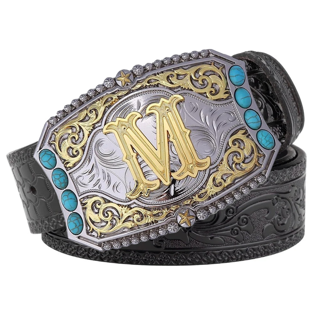 Western Cowboy Belt Turquoise Stones A-Z Initial Buckle