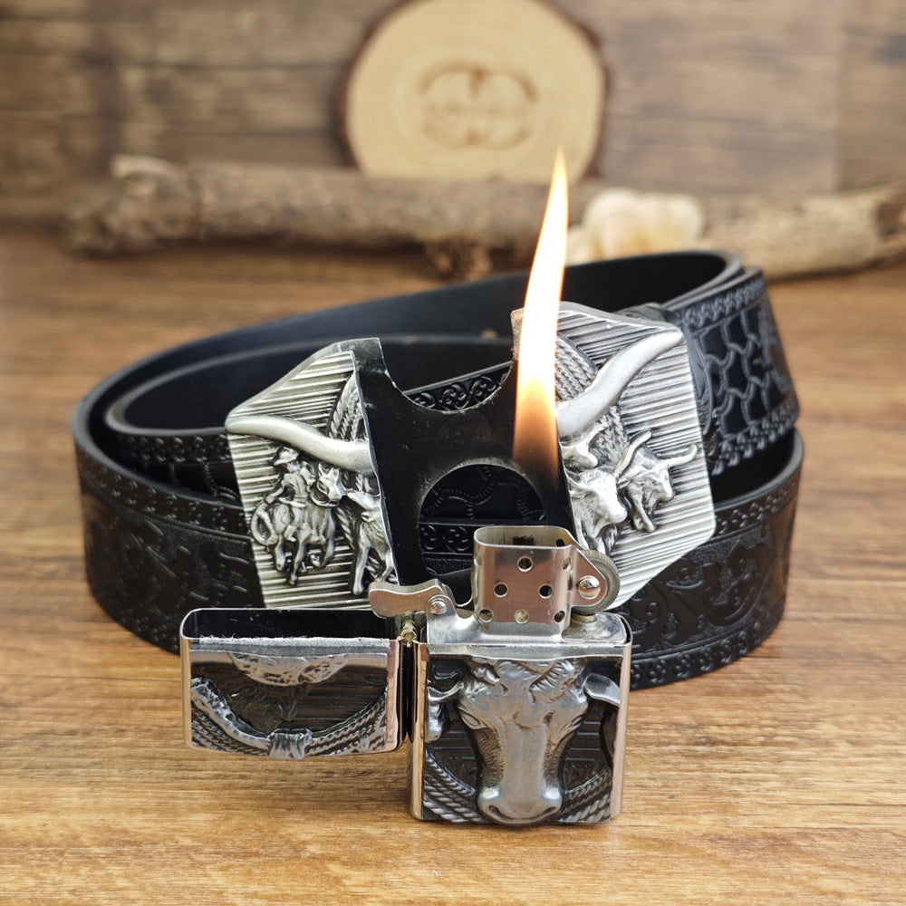 Mens Black Embossed Leather Belt Longhorn Bull Hidden Lighter Square Buckle