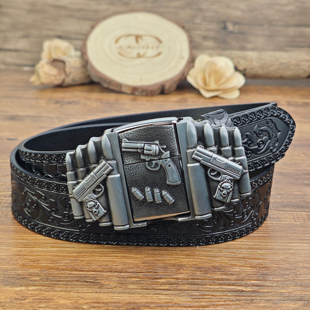 Mens Black Leather Belt with Hidden Lighter Gun Bullet Buckle